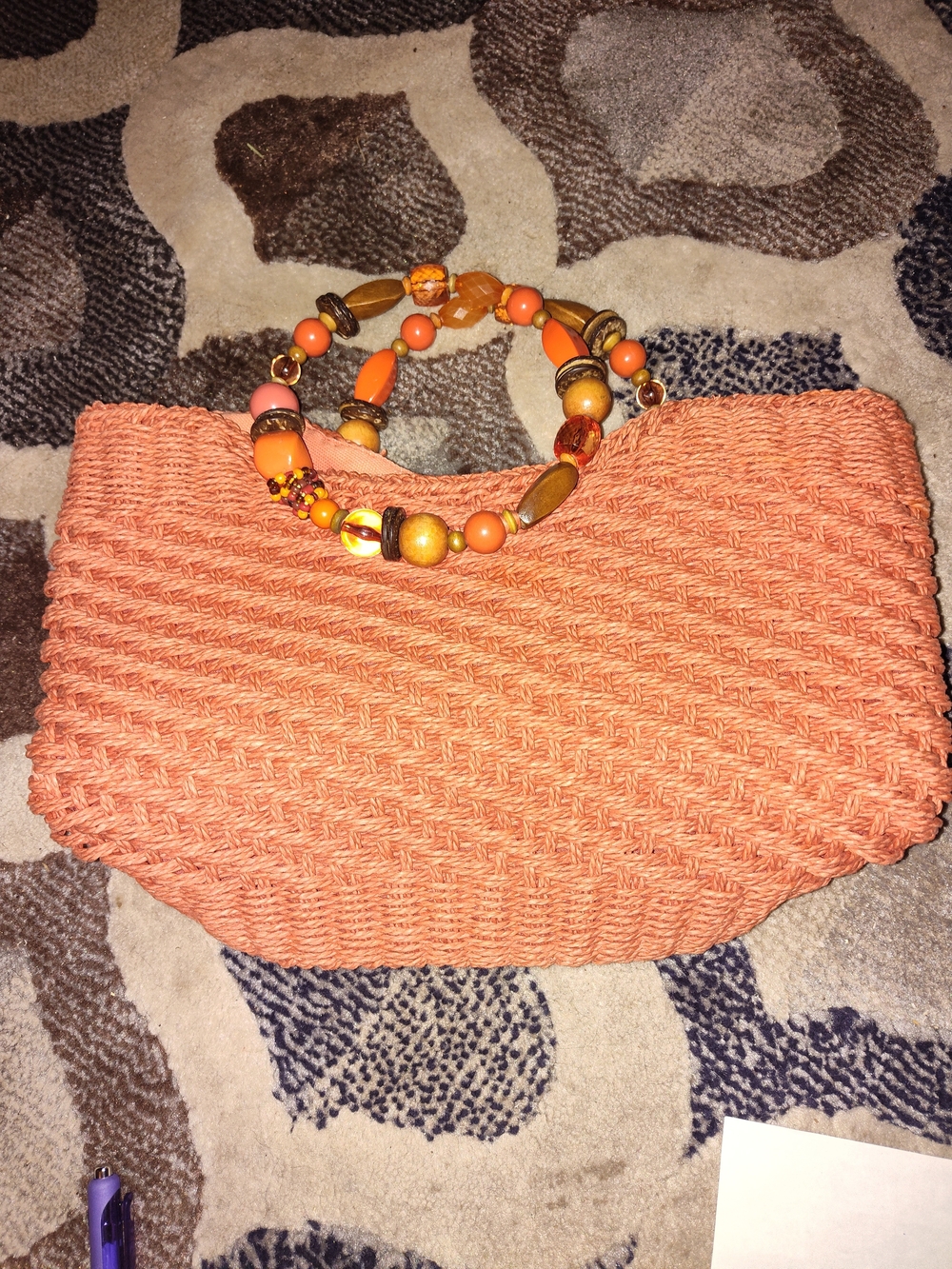 Orange Beaded Handle Straw Clutch